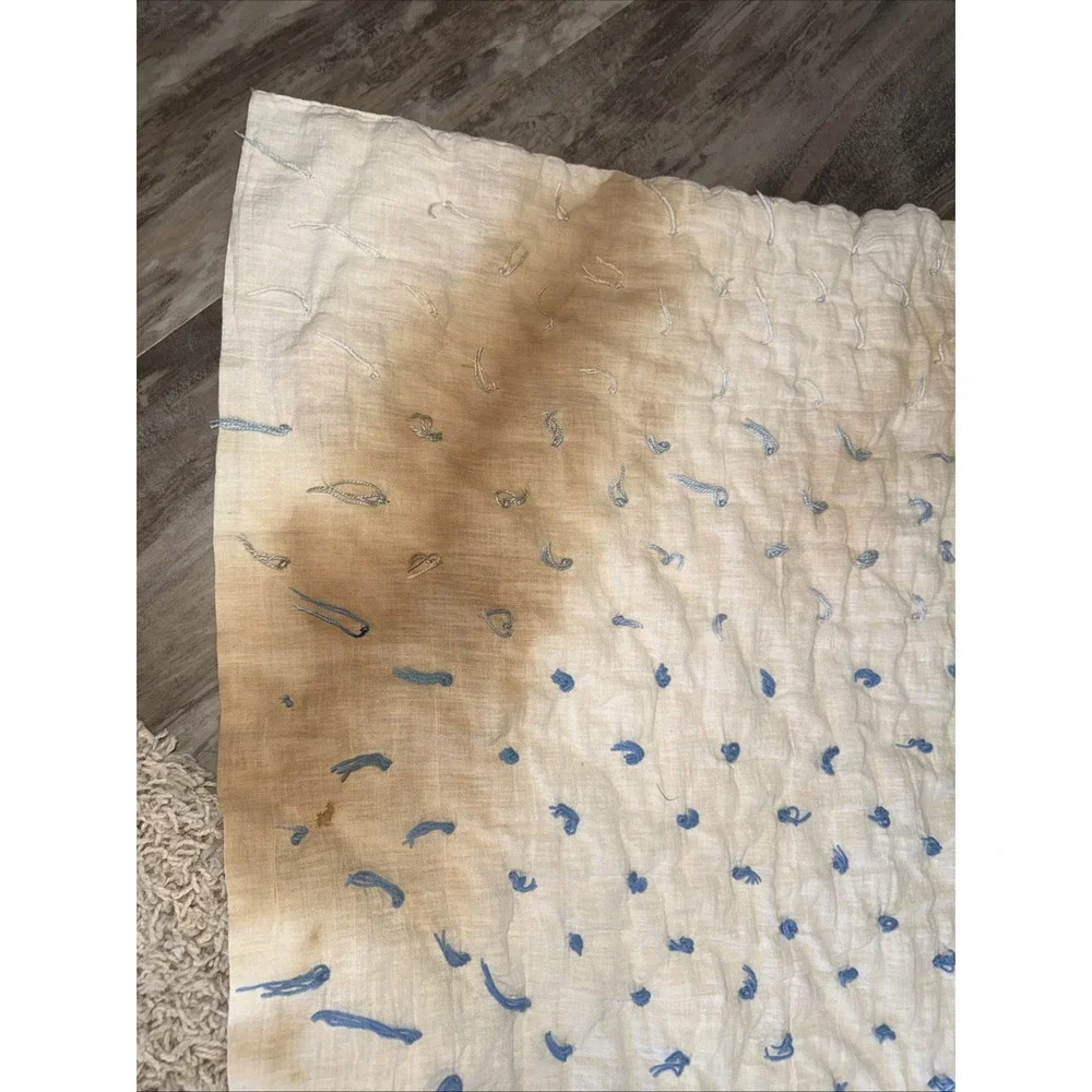 Vintage Cream W Blue Ties Quilt Blanket 68X65 In Significant Stain Areas Hole
